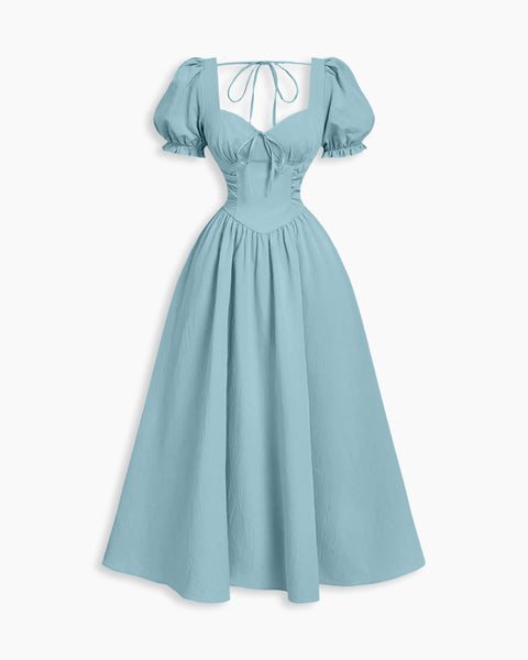 Ruched Sweetheart Neck Puff Sleeve Fit and Flare Dress In Sky Blue