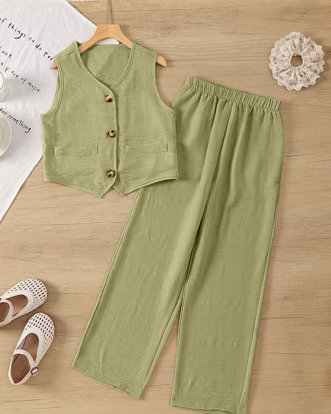 Button Front Vest Top and Straight Leg Pants Set In Herbal Green