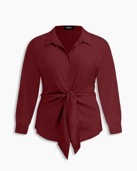 Collar Knotted Long Sleeve Shirt Curve & Plus in Maroon