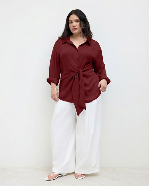 Collar Knotted Long Sleeve Shirt Curve & Plus in Maroon