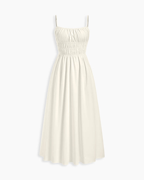 Ruched Bodice Fit and Flare Midi Dress In Off White
