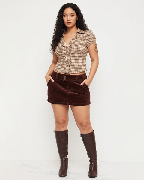 Checkered Collared Button Down Fitted Short Sleeve Top Curve & Plus In Tan Brown