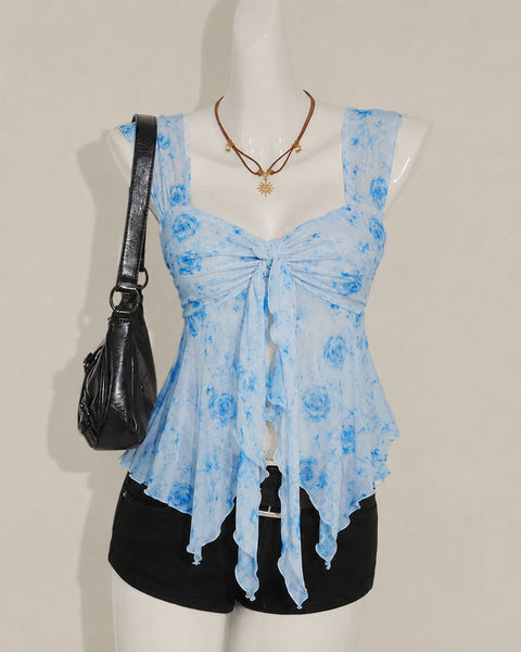 Sweetheart Neck Slim Fit Asymmetrical Hem Floral Print Top in Baby Blue