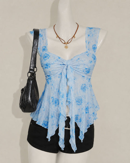 Sweetheart Neck Slim Fit Asymmetrical Hem Floral Print Top in Baby Blue