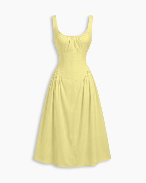 Scoop Neckline A-line Midi Dress in Butter Yellow