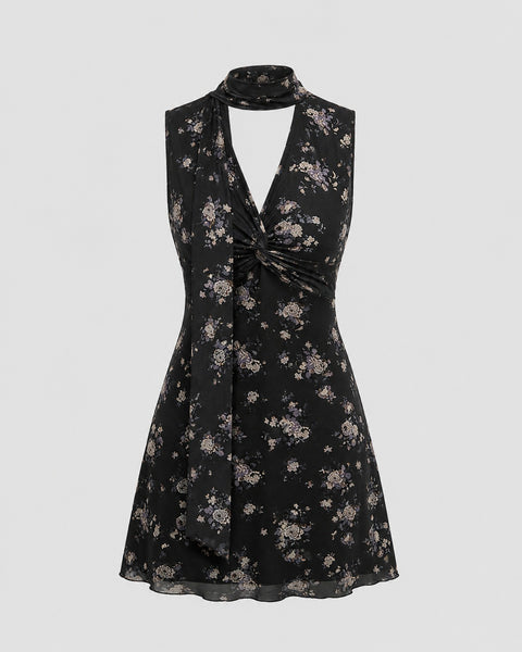 V-neck Floral Knotted Twist Mini Dress In Soft Black