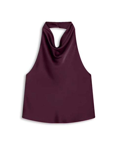 Solid Halter Neck Drape Top In Wine Maroon