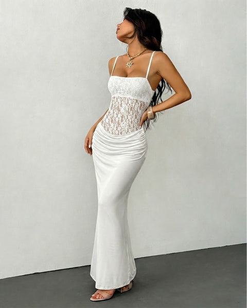 Open Back Ruched Waist Contour Fit Maxi Dress in Classic White