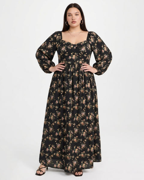 Vintage Floral Full Sleeves Maxi Dress Curve and Plus in Classic Black