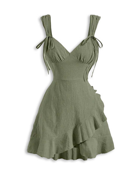 V Neck Tie Strap Ruffle Hem Mini Dress Curve & Plus In Herbal Green