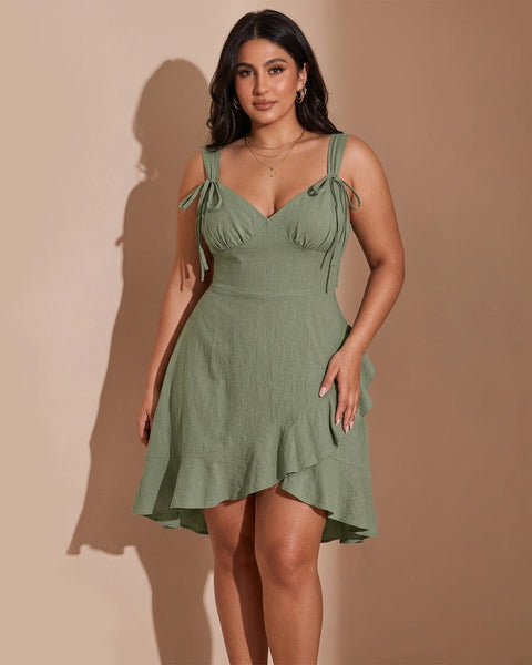 V Neck Tie Strap Ruffle Hem Mini Dress Curve & Plus In Herbal Green