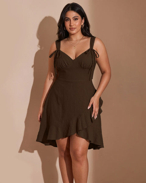 V Neck Tie Strap Ruffle Hem Mini Dress Curve & Plus In Chocolate Brown