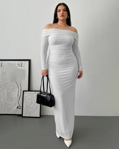 Off Shoulder Mesh Ruched Fitted Dress With Long Sleeve Curve & Plus in Classic White