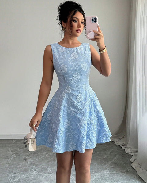 Bow Back Sleeveless Fit and Flare Floral Dress in Baby Blue