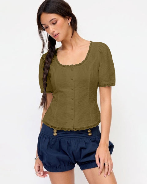 Lace Trim Short Sleeve Top in Olive Green