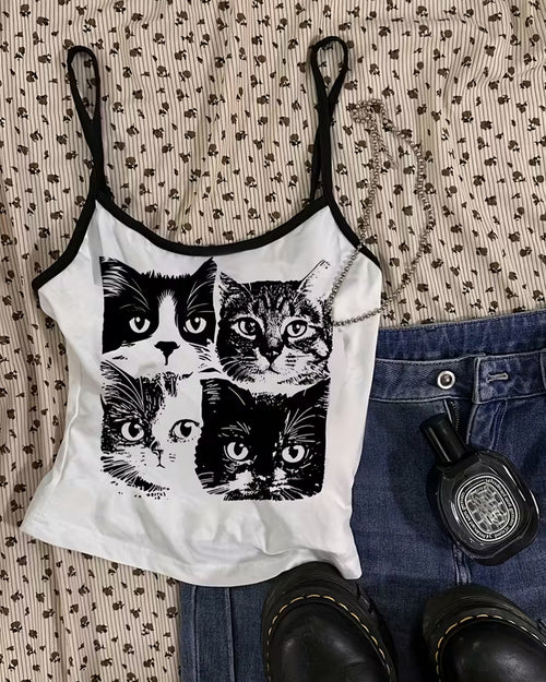 Cat Graphic Sleeveless Cami Top in Classic White
