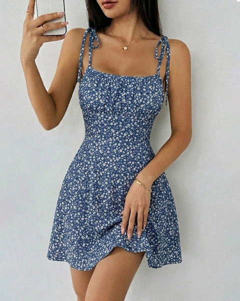 Floral Tie Shoulder Fit and Flare Mini Dress