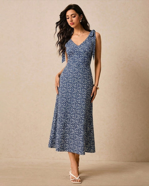 Floral Print V-Neck Smocked back Fit and Flare Midi Dress in Dusty Blue