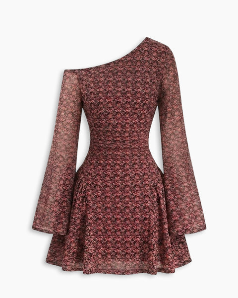 Asymmetrical Neck Floral Flared Sleeve Mini Dress in Merlot