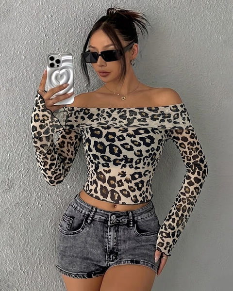 Leopard Print Off Shoulder Fitted Crop Top in Black & White