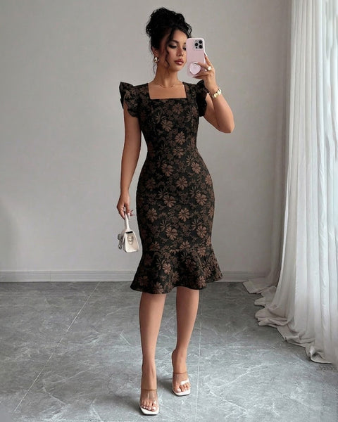 Floral Embossed Mermaid Hem Dress in Black