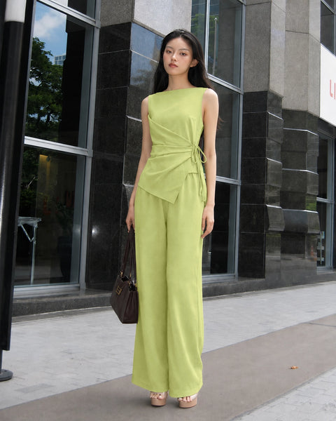 Wrap Tie Asymmetrical Hem Top and Wide Leg Trouser Coord Set in Lime Green