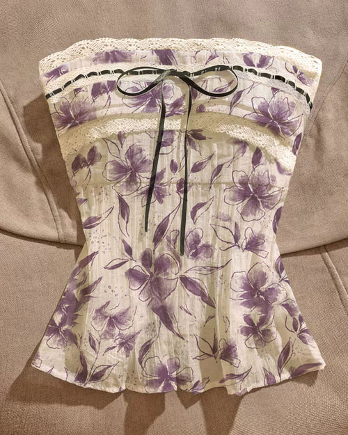 Strapless Lace Ribbon Bow Floral Top in Lilac