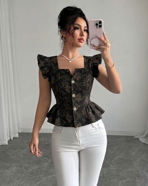 Floral Jacquard Button Detail Square Neck Peplum Top in Soft Black