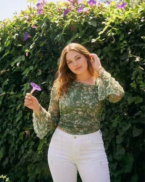 Asymmetric 2 in 1 Sheer Mesh Floral Top Curve & Plus in Olive Green