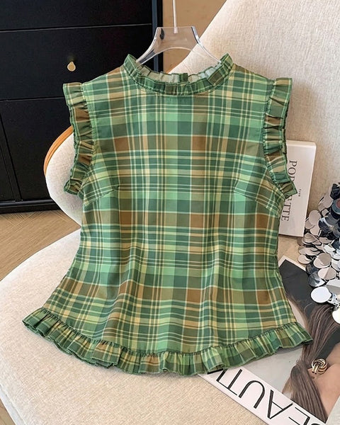 Ruffle Hem Checkered Sleeveless Top in Dusty Green