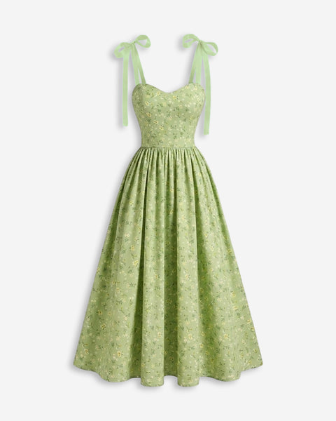 Floral Ribbon Strap Sweetheart Neck Maxi Dress in Light Green