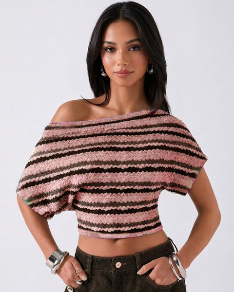 Off Shoulder Striped Knit Crop Top in Peach