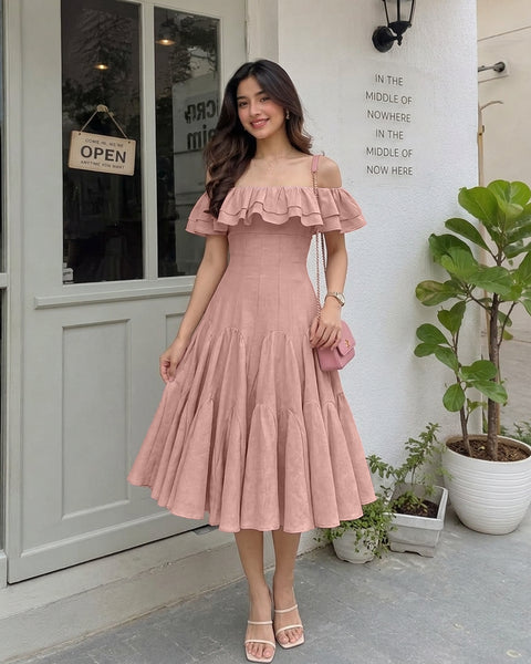 Layered Off Shoulder Fit and Flare Midi Dress in Dusty Pink