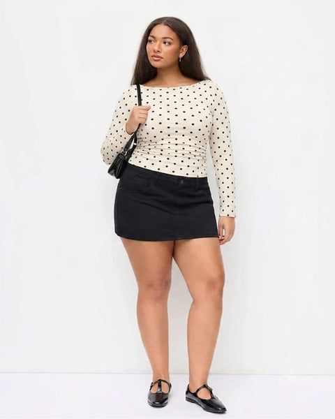 Polka Dot Boat Neck Ruched Top Curve & Plus in Pearl White