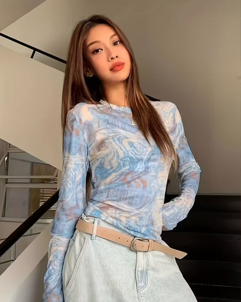 Sheer Long Sleeve Abstract Fitted Top in Baby Blue
