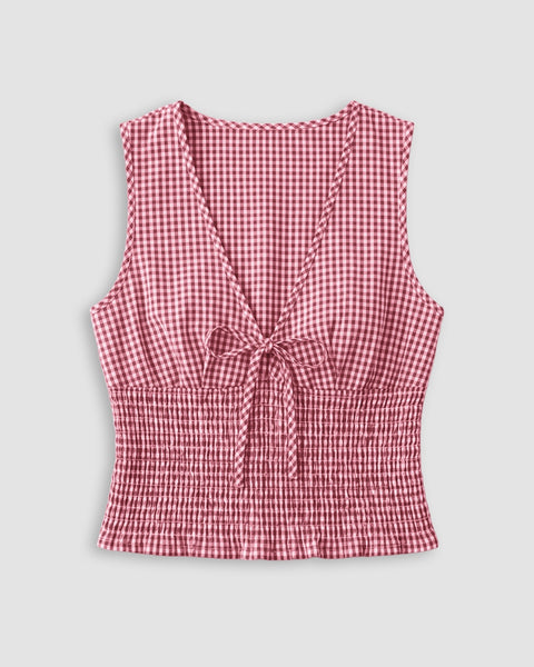 Checkered Smocked Waist V Neck Sleeveless Top
