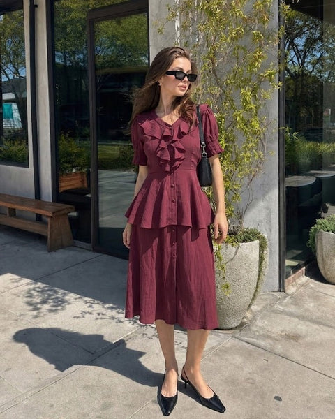 Floral Ruffle Peplum Top and Midi Skirt Co-ord in Wine Maroon