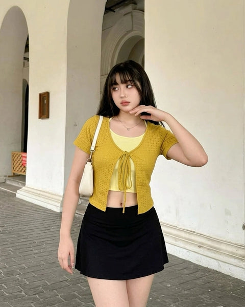 Layered Tie Front Crop Top in Mustard Yellow