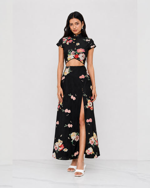 Mandarin Collar Floral Top & Slit Maxi Skirt Co-Ord in Classic Black
