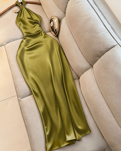 Halter Neck Satin Maxi Dress in Dark Citron