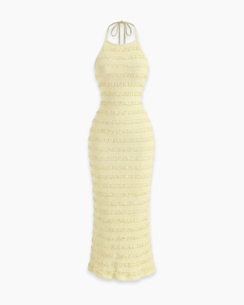 Textured Halter Neck Fitted Maxi Dress in Vanilla