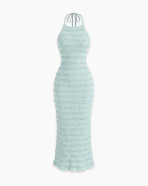 Textured Halter Neck Fitted Maxi Dress in Teal Green