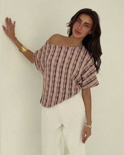 Striped Off Shoulder Asymmetrical Hem Top in Dusty Pink