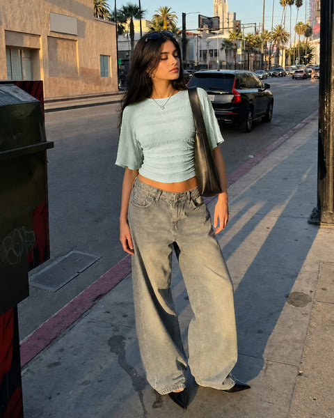 Textured Short Sleeve Crop Top in Green