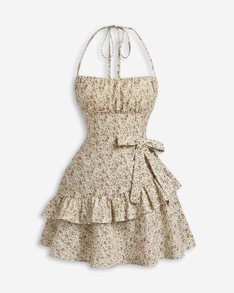 Floral Layered Hem Halter Mini Dress in Pearl White