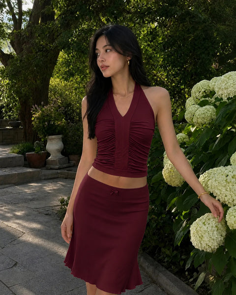 Minimal Halter Neck Ruched Sleeveless Fitted Top in Cherry