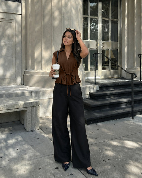 V-Neck Ruched Ruffled Tie Front Top in Cocoa Brown