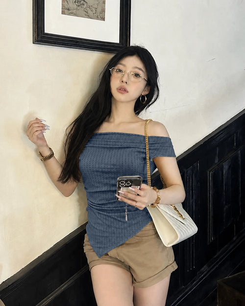 Off Shoulder Textured Fitted Top in Navy Blue