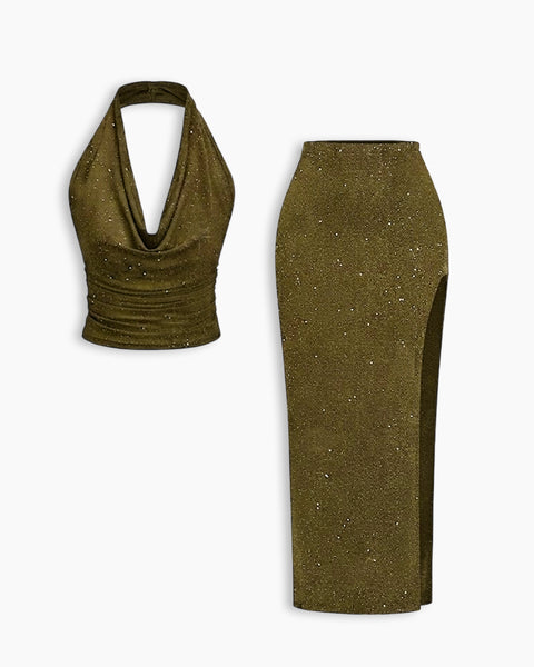 Halter Neck Ruched Top & Midi Skirt Co-Ord Set in Olive Green