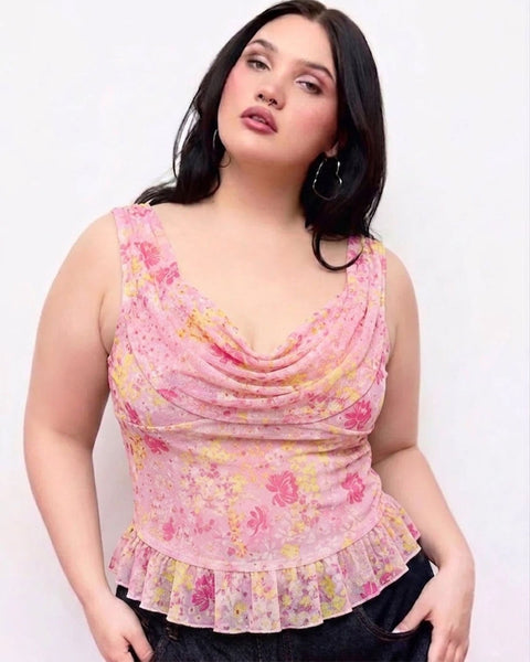 Floral Cowl Neck Peplum Sleeveless Top in Powder Pink